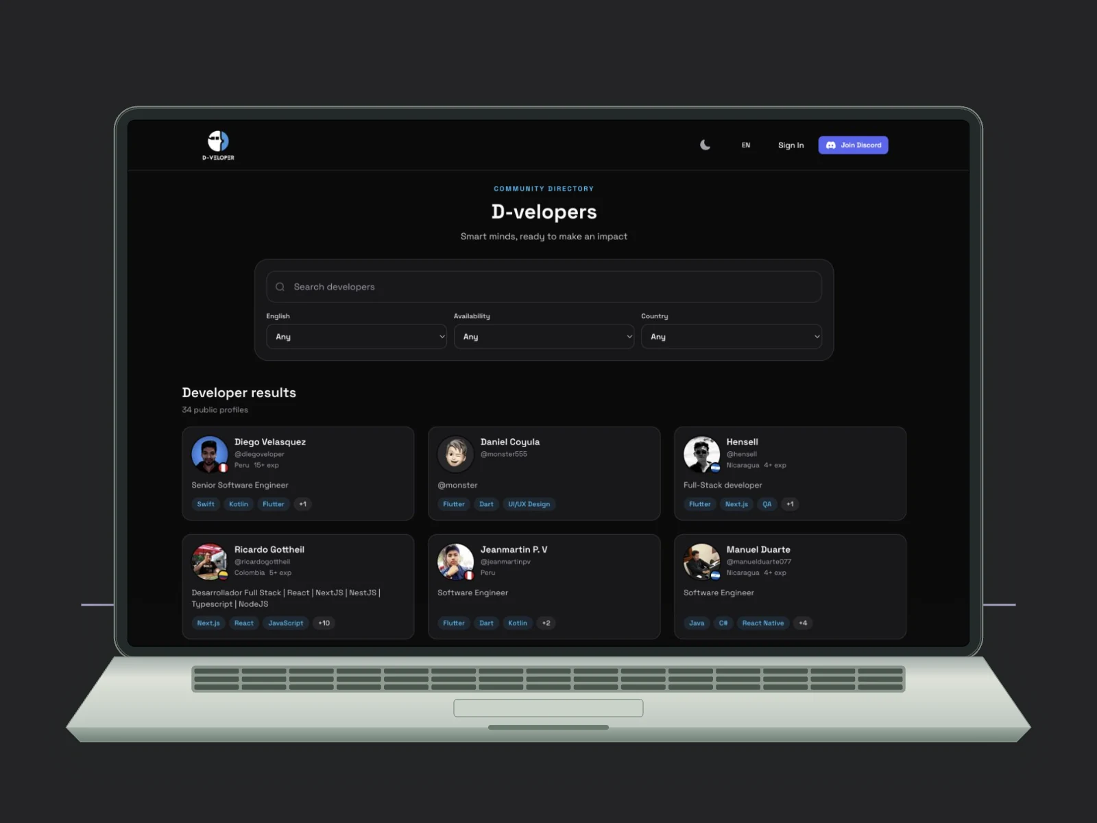 Directory · search and filters for public profiles.
