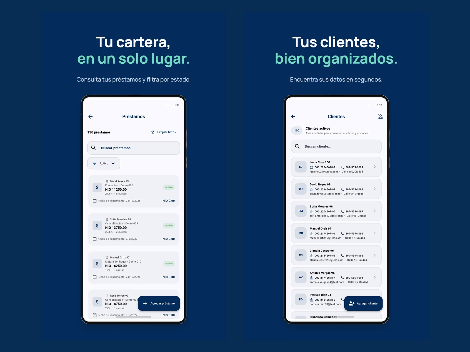 Lendly loan and client lists with demonstration data.