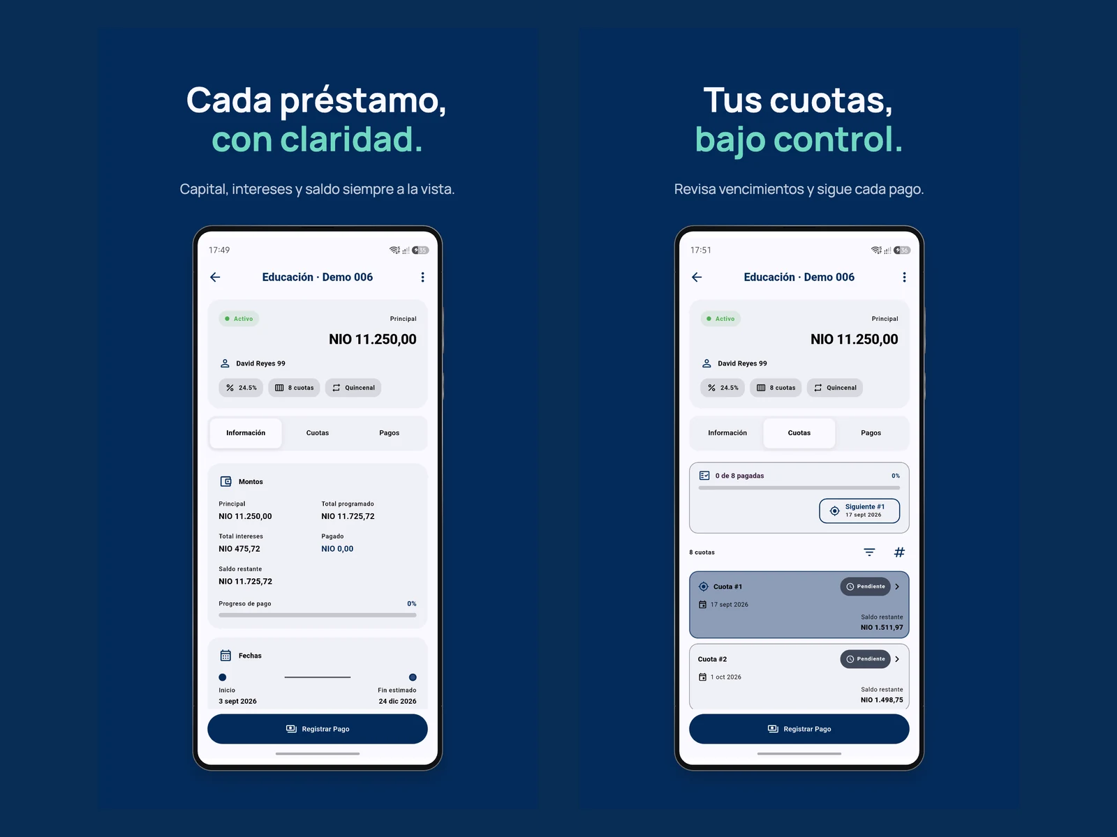 Lendly loan details and installment tracking with demonstration data.
