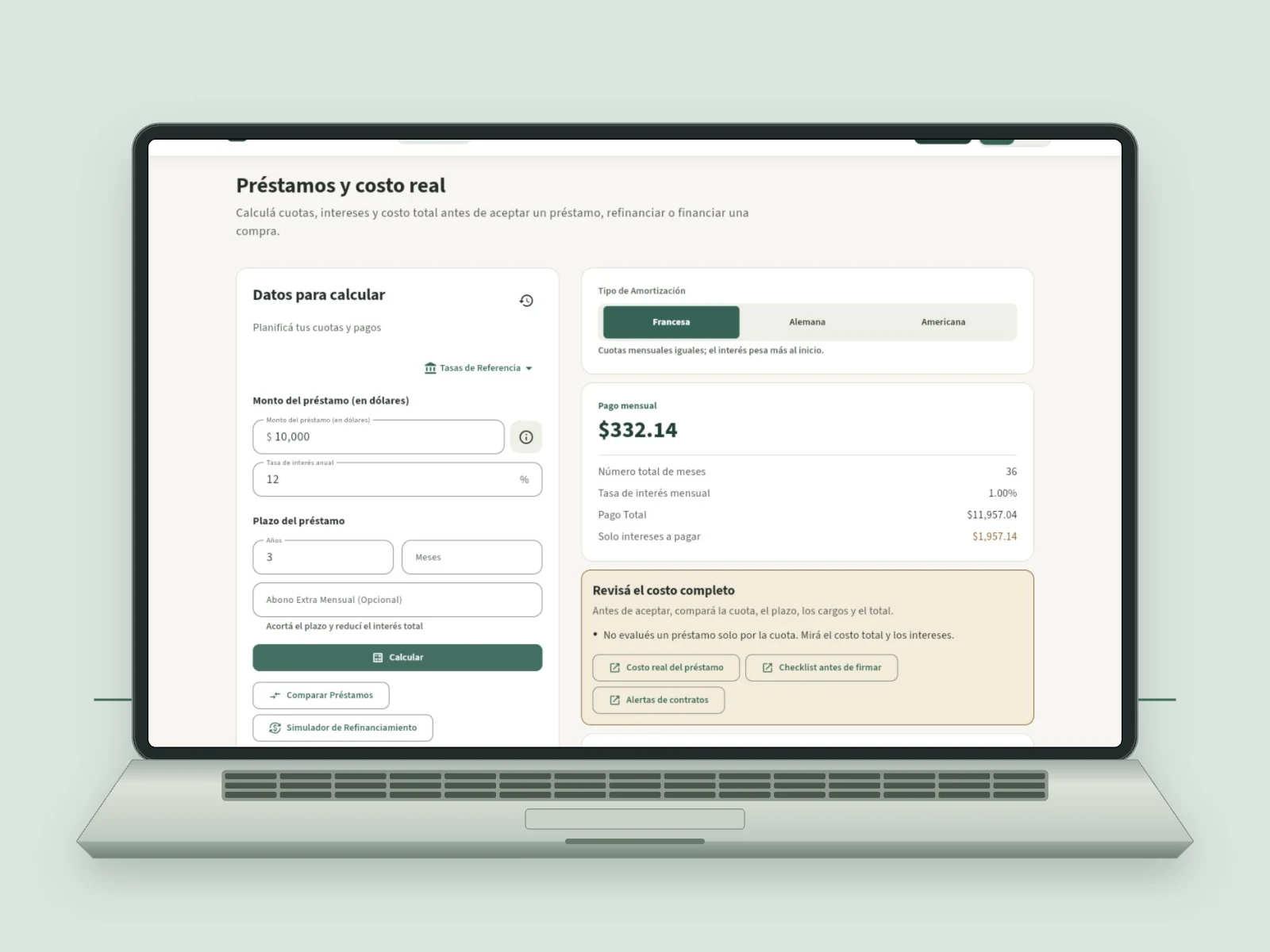 Loans · payments, term, and total cost.