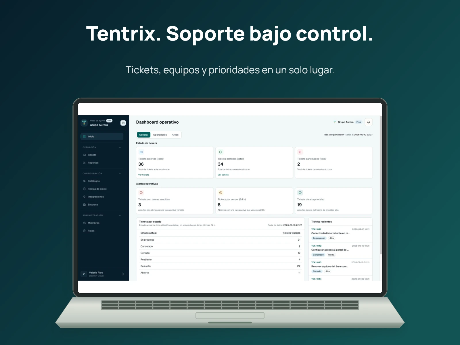 Dashboard with ticket status, alerts, and recent activity. Demo data; interface shown in Spanish.